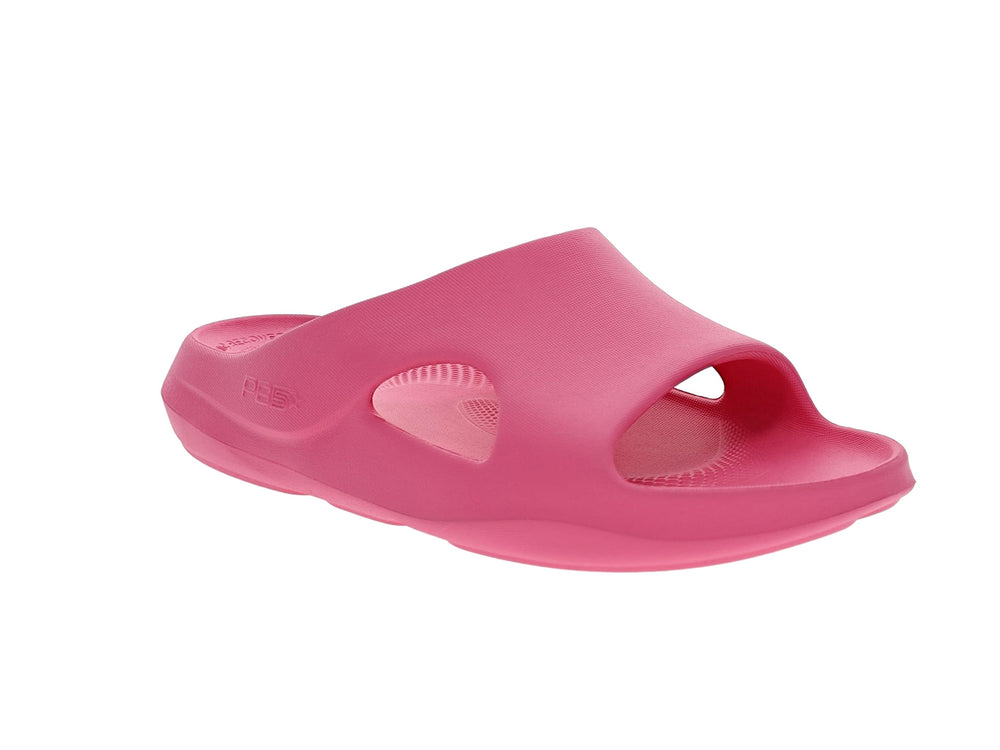 Angled view of women’s Apres Sport pink slide sandal with open toe and cushioned footbed - PB5star.com