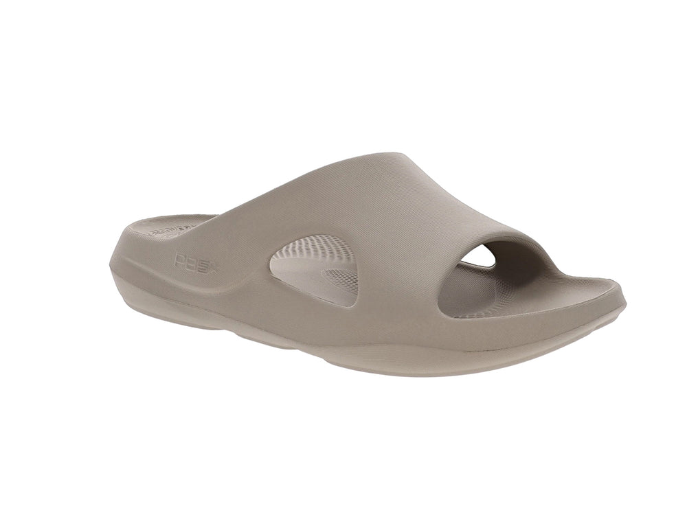 Angled view of women’s Apres Sport titanium slide sandal with open toe and cushioned footbed - PB5star.com