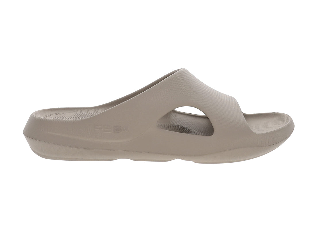 Side view of women’s Apres Sport titanium slide sandal with breathable arch cutout - PB5star.com