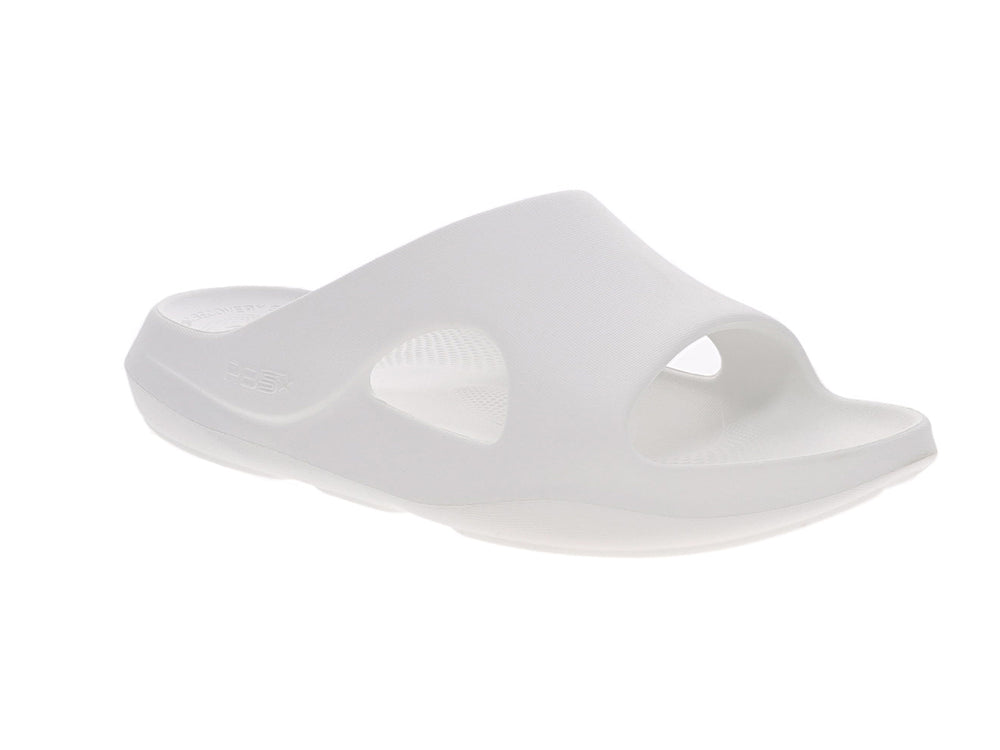 Angled view of women’s Apres Sport white slide sandal with open toe and cushioned footbed - PB5star.com