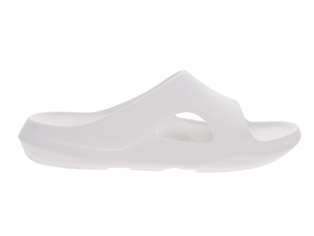 Side view of women’s Apres Sport white slide sandal with breathable arch cutout - PB5star.com