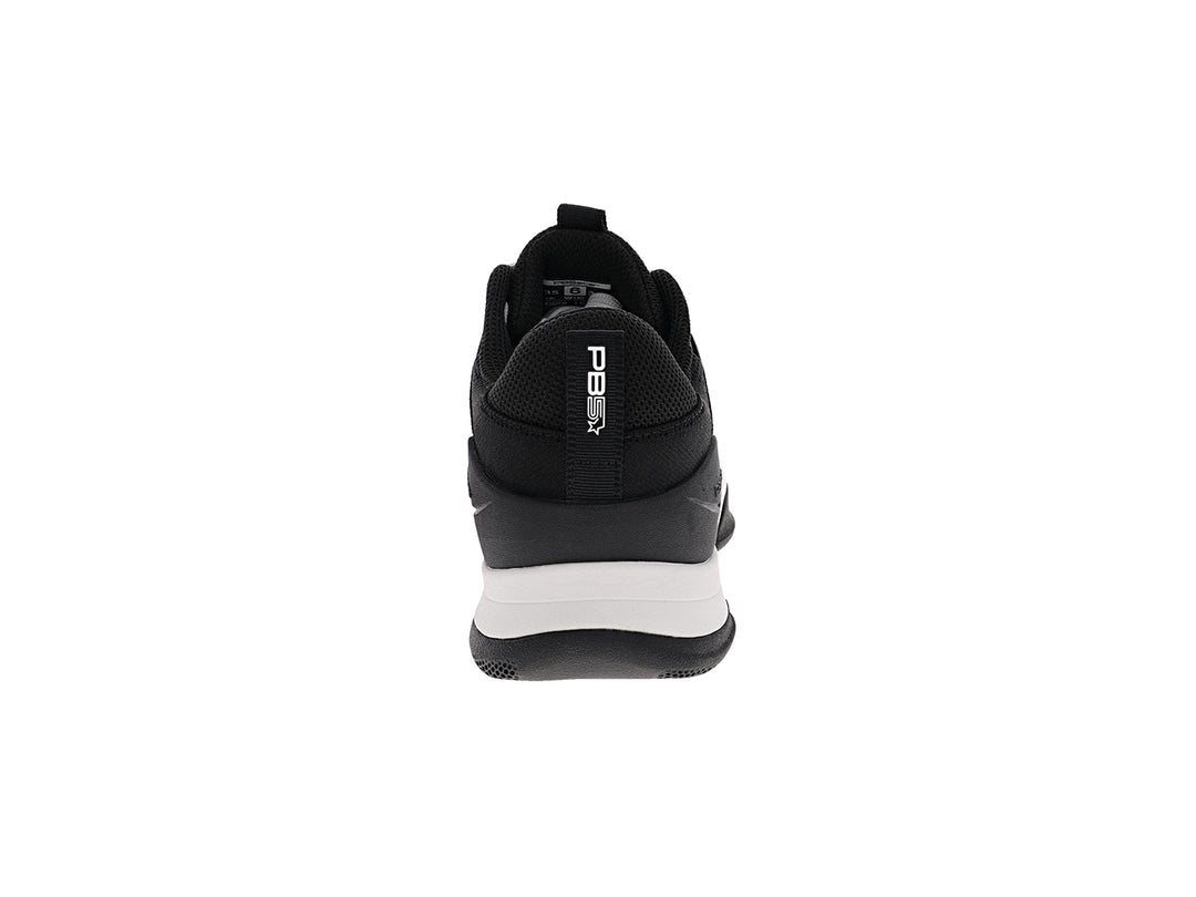 Back view of women’s PB5star Court 2 black-white pickleball shoes with padded heel and logo pull tab - PB5star.com