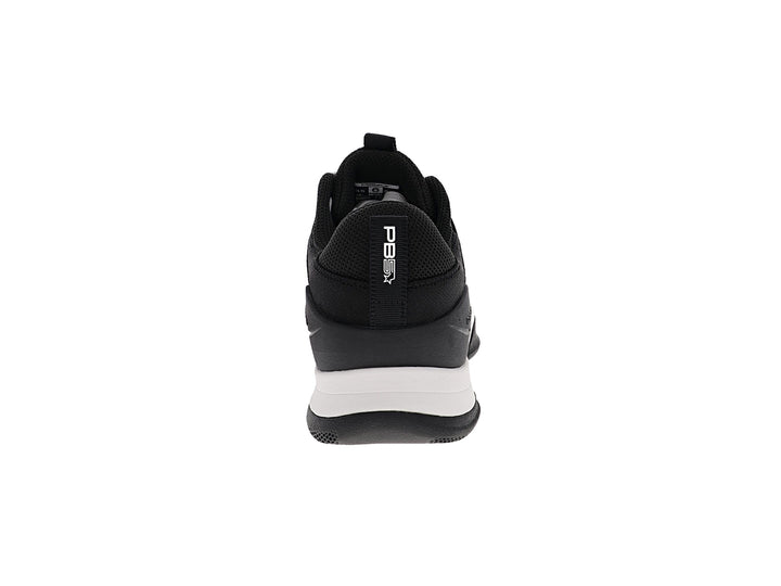 Back view of women’s PB5star Court 2 black-white pickleball shoes with padded heel and logo pull tab - PB5star.com