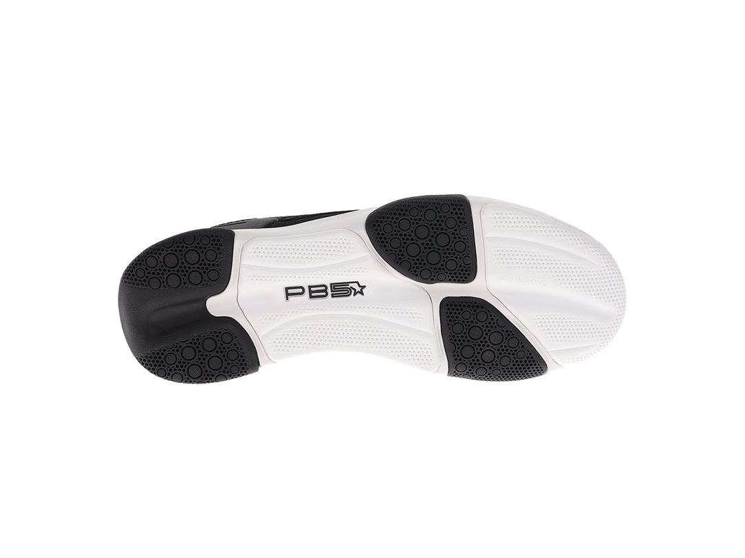 Bottom sole view of women’s PB5star Court 2 black-white pickleball shoes with non-marking grip tread - PB5star.com