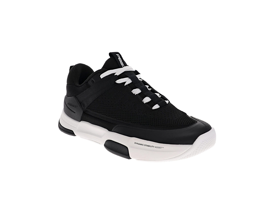 Angled view of women’s PB5star Court 2 black-white pickleball shoes with mesh upper and cushioned midsole - PB5star.com