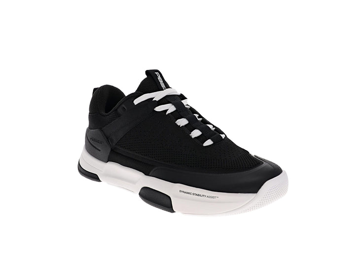 Angled view of women’s PB5star Court 2 black-white pickleball shoes with mesh upper and cushioned midsole - PB5star.com