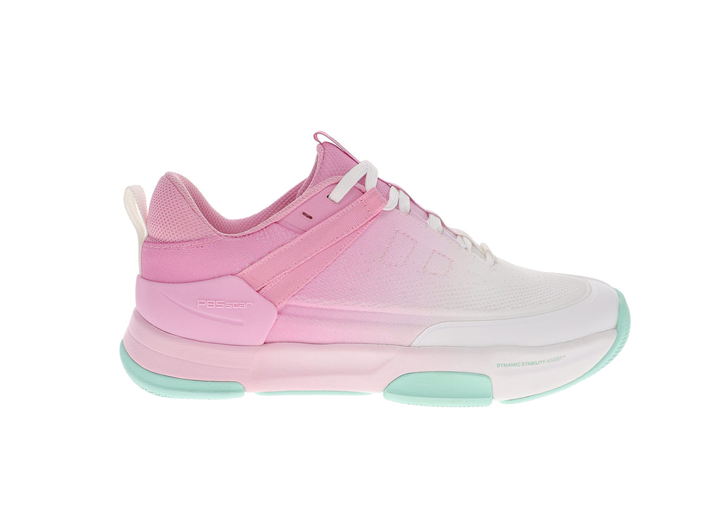 Side view of women’s PB5star Court 2 pink multi pickleball shoes with mesh upper and cushioned sole - PB5star.com