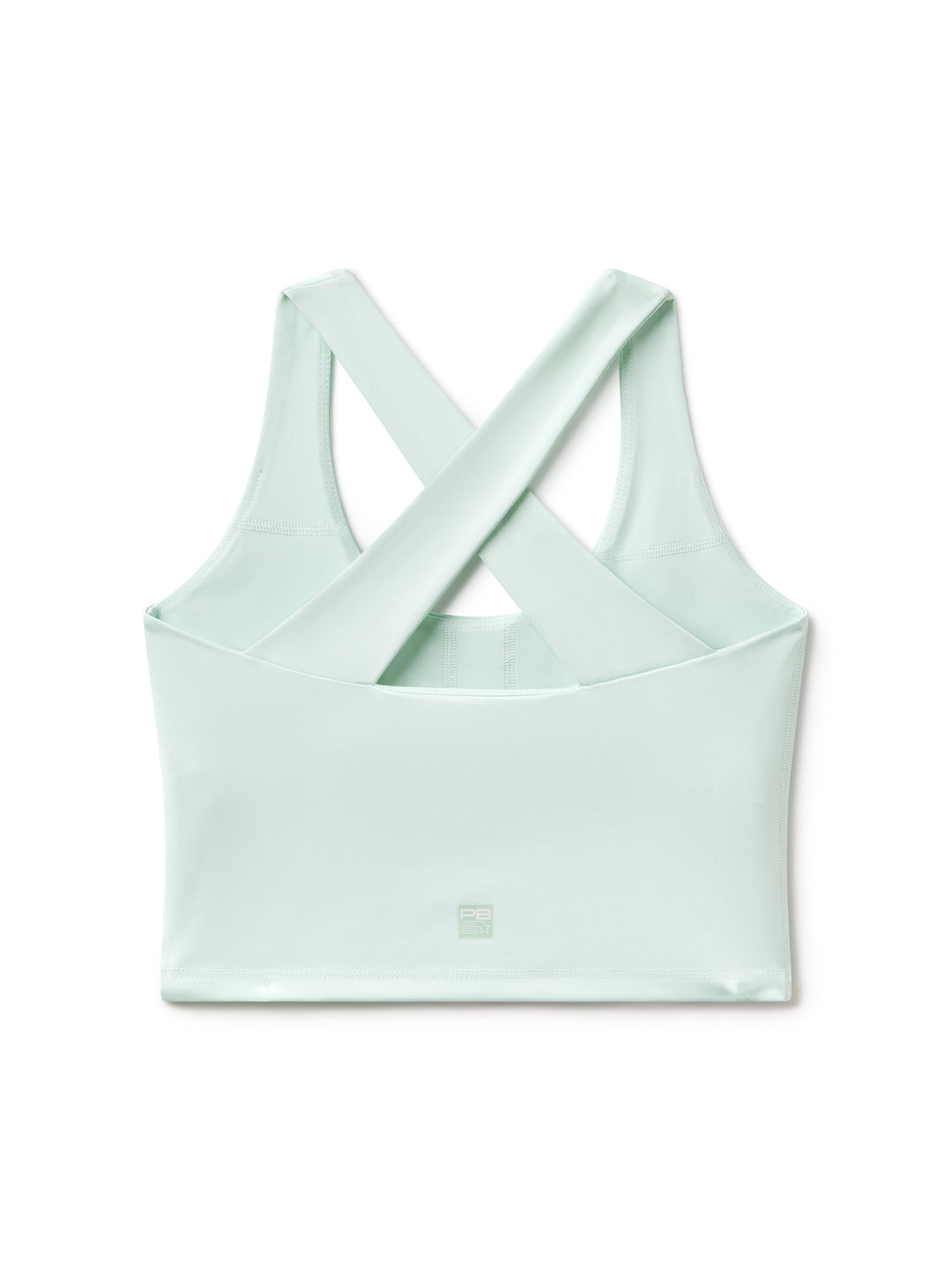 Flat lay back view of PB5star women's scoop neck bra top in mint with crossback straps