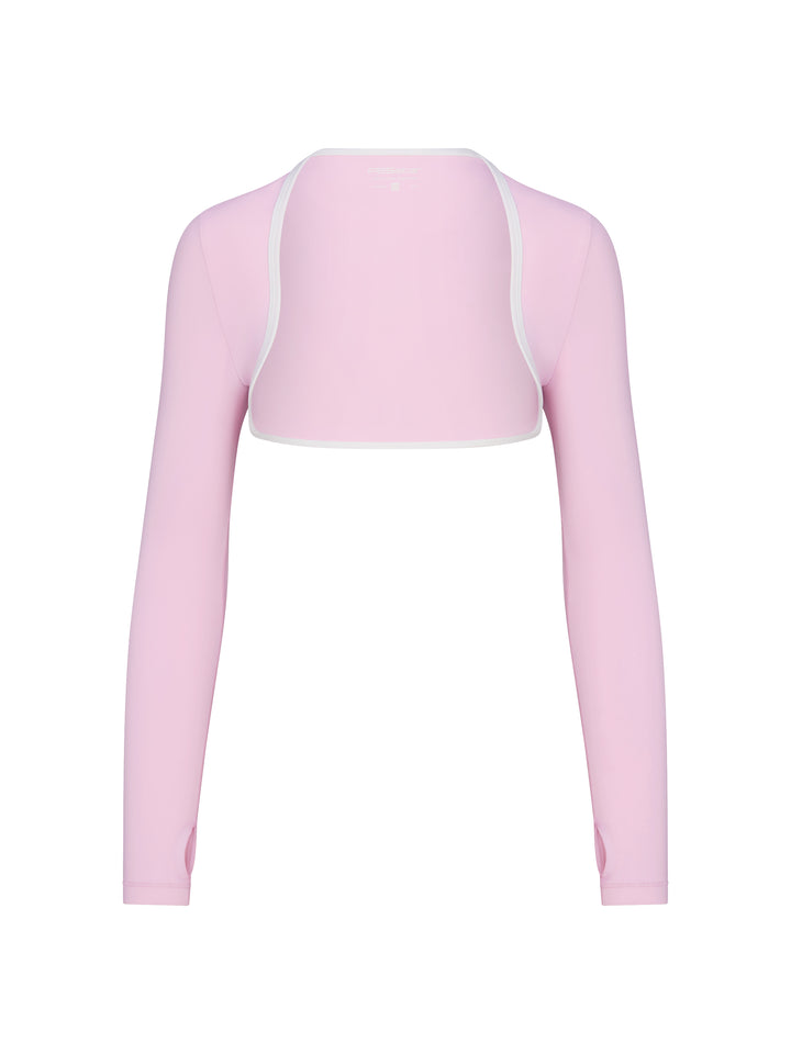 Front view of PB5star women's powder pink shrug with white trim and long sleeves