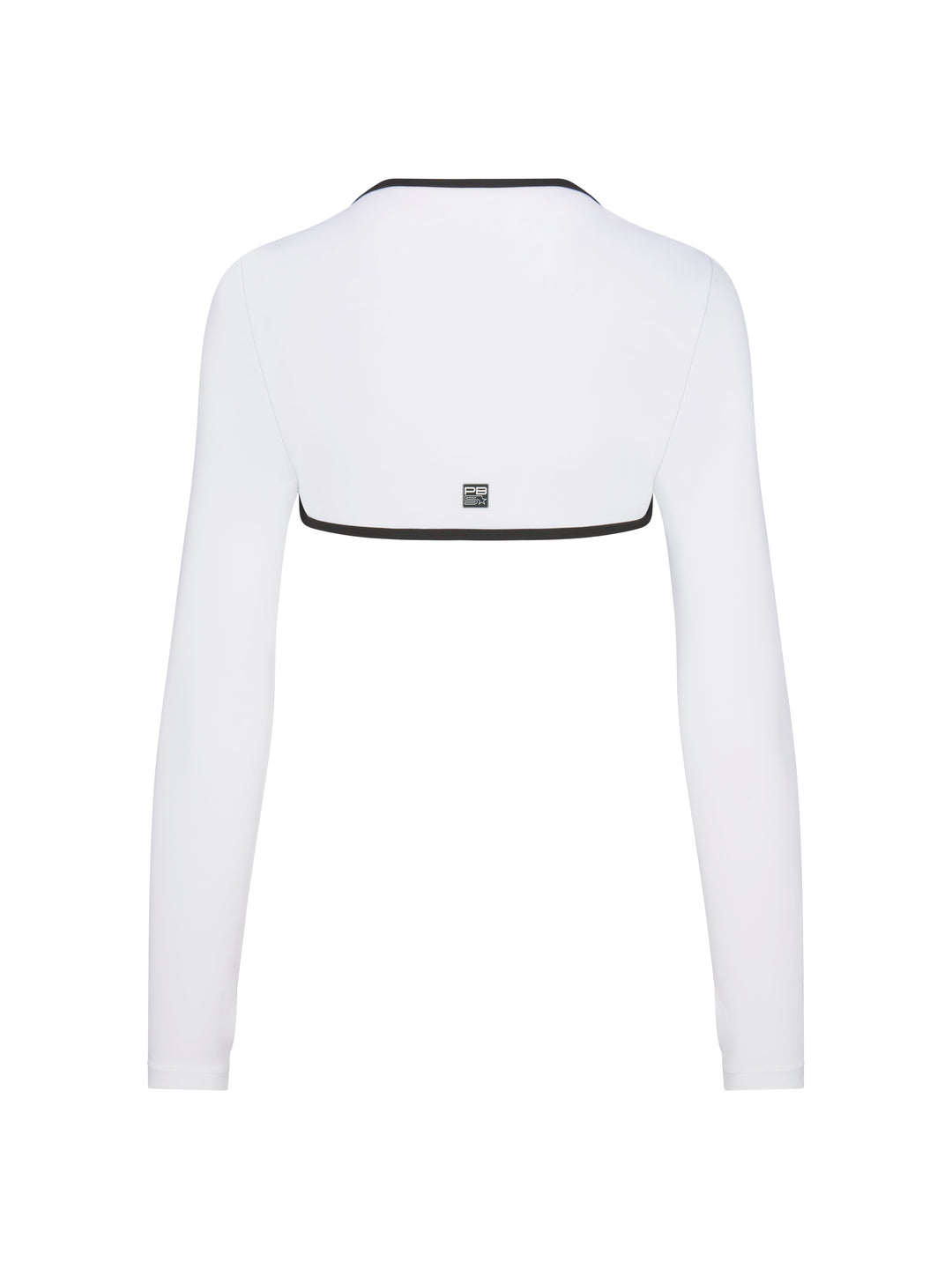Back view of PB5star women's white shrug with black trim and full-length sleeves