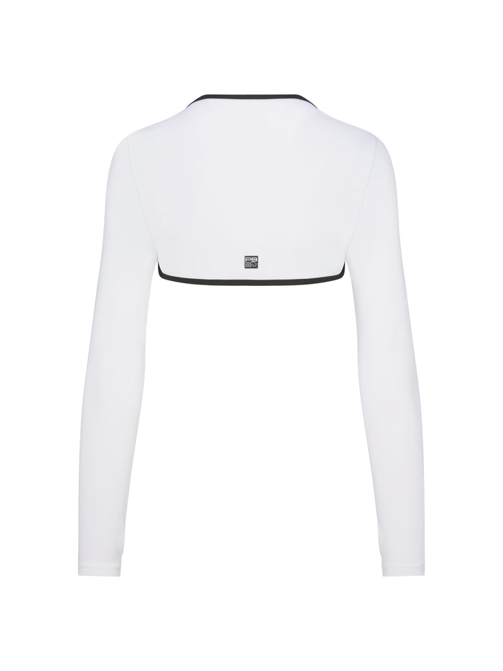 Back view of PB5star women's white shrug with black trim and full-length sleeves