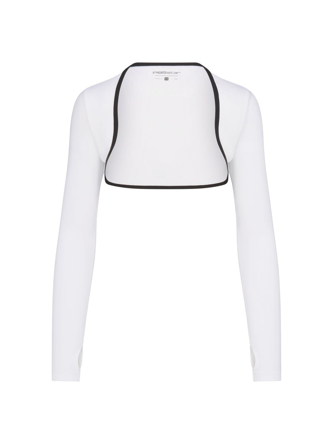 Front view of PB5star women's white shrug with black trim and long sleeves