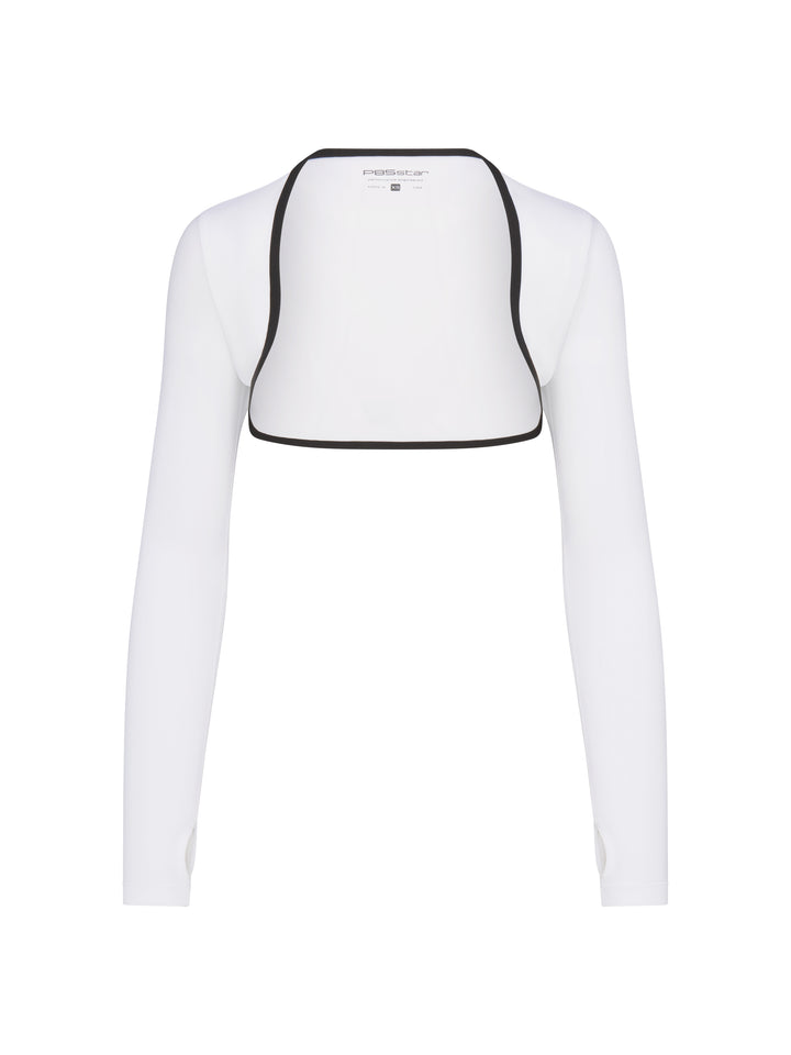 Front view of PB5star women's white shrug with black trim and long sleeves