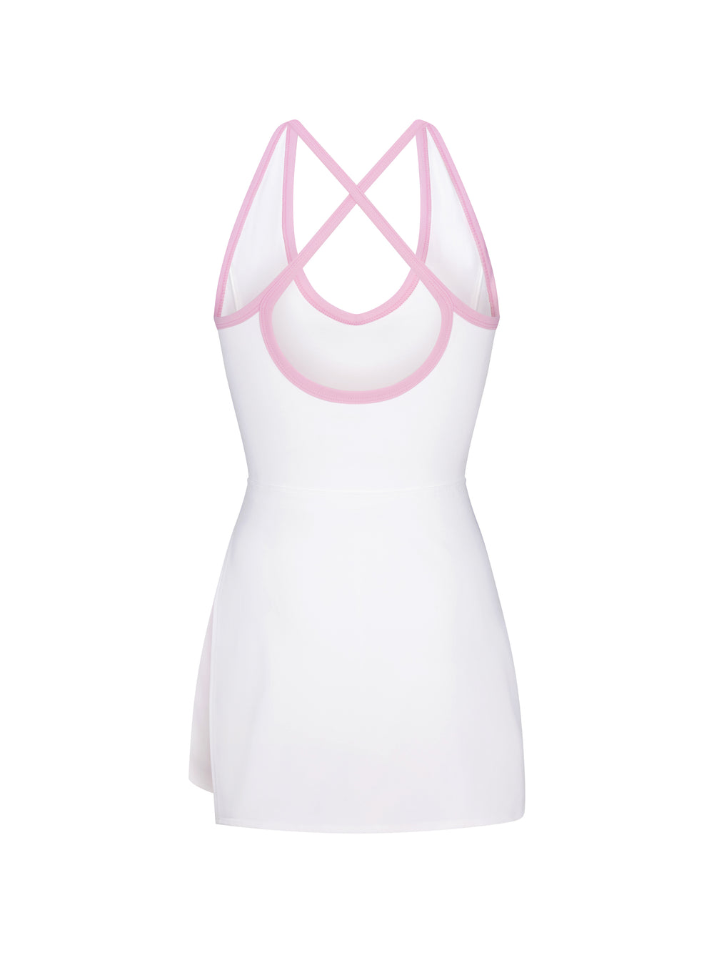 The back view of the side-split court dress in white with powder pink trim.