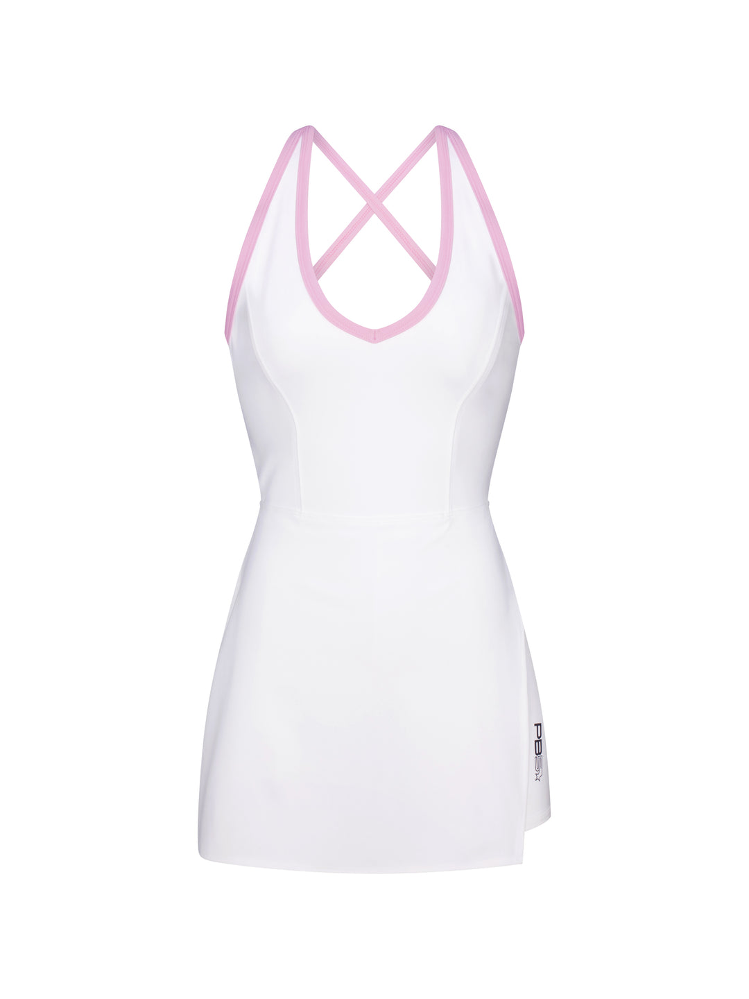 PB5star's side-split court dress in white with a powder-pink trim.