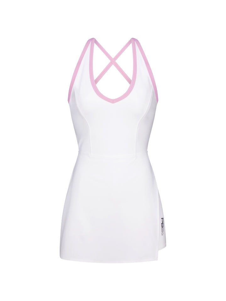 PB5star's side-split court dress in white with a powder-pink trim.