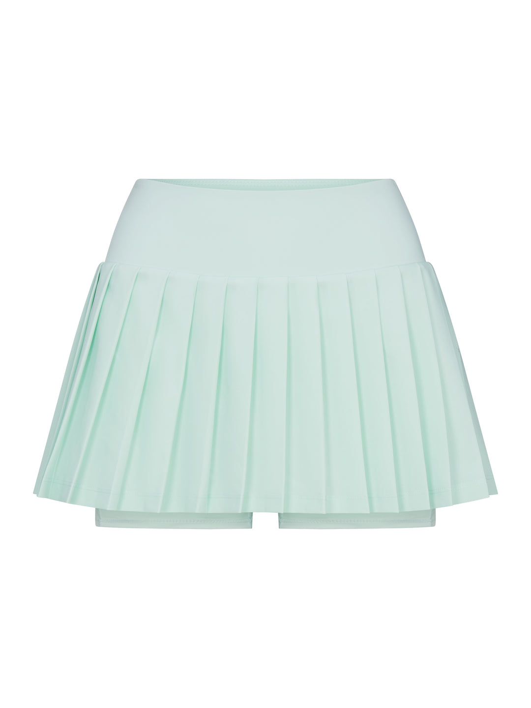 Front-left view of PB5star women's mint green pleated tennis skirt with built-in shorts