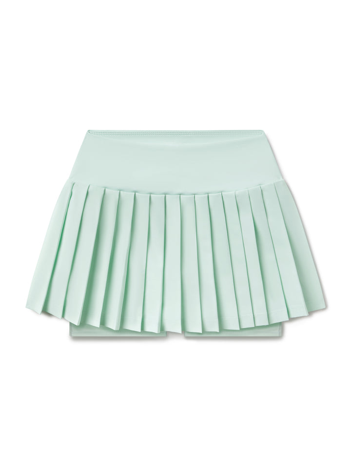 Flat Lay view of PB5star women's mint green pleated pickleball skirt with built-in shorts