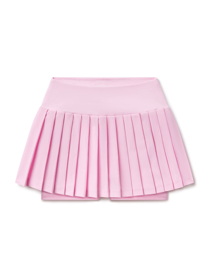 Front view of PB5star women's powder pink pleated tennis skirt with built-in shorts.