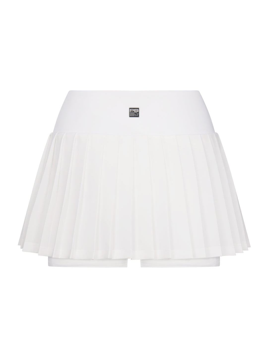 Back view of PB5star women's white pleated pickleball skirt with logo detail and built-in shorts