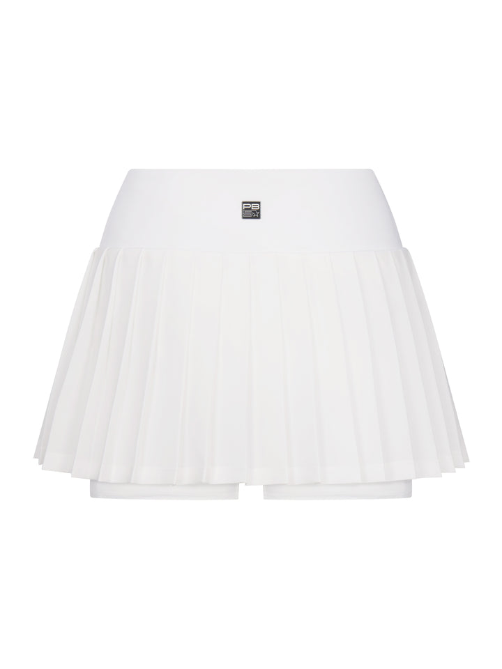 Back view of PB5star women's white pleated pickleball skirt with logo detail and built-in shorts
