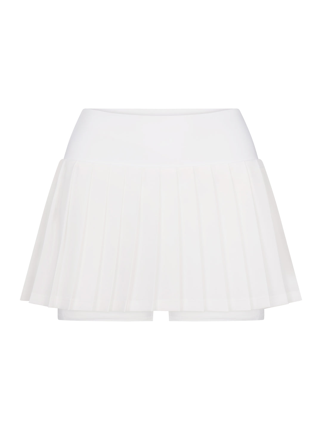 Front view of PB5star women's white pleated pickleball skirt with side split design.