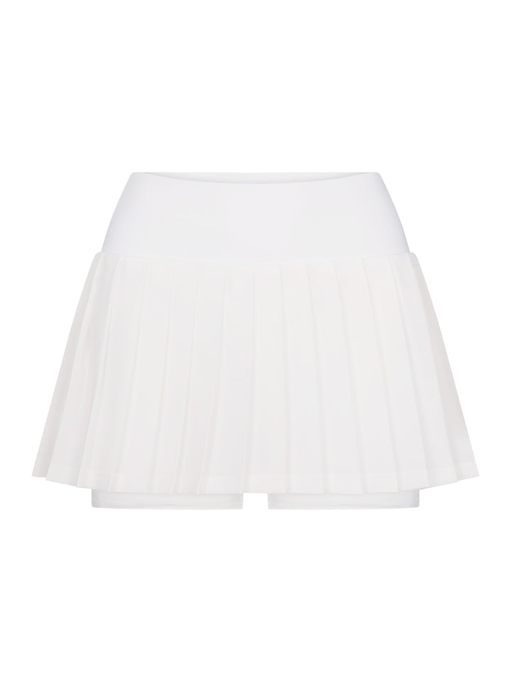 Front view of PB5star women's white pleated pickleball skirt with side split design.