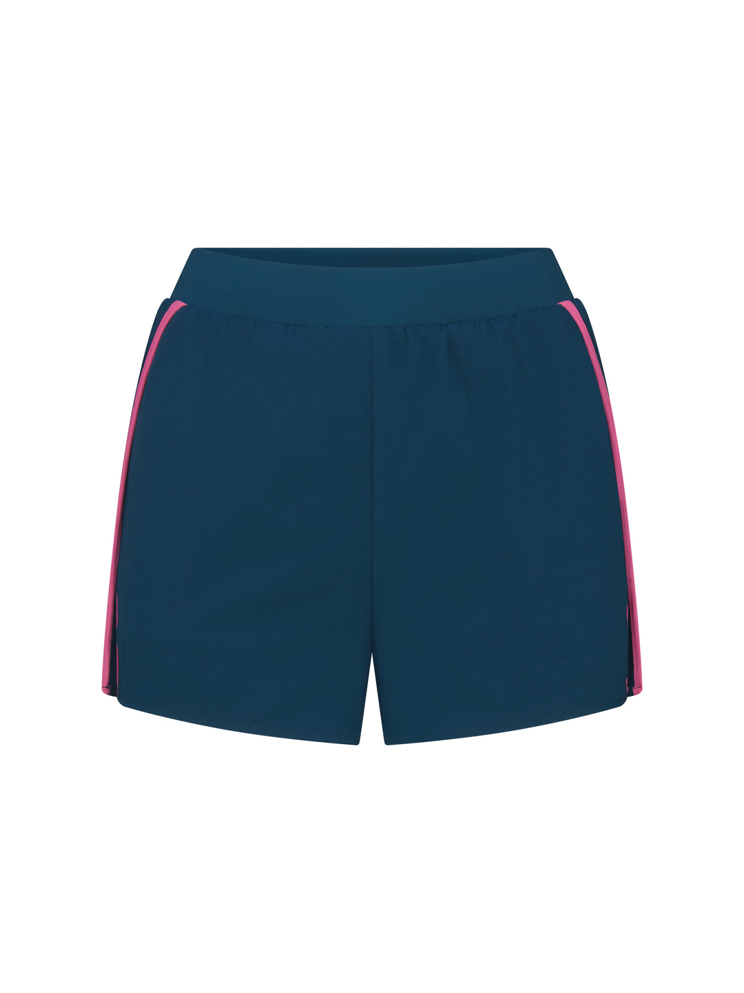Front view of PB5star women's astral blue athletic shorts with pink side piping and elastic waistband