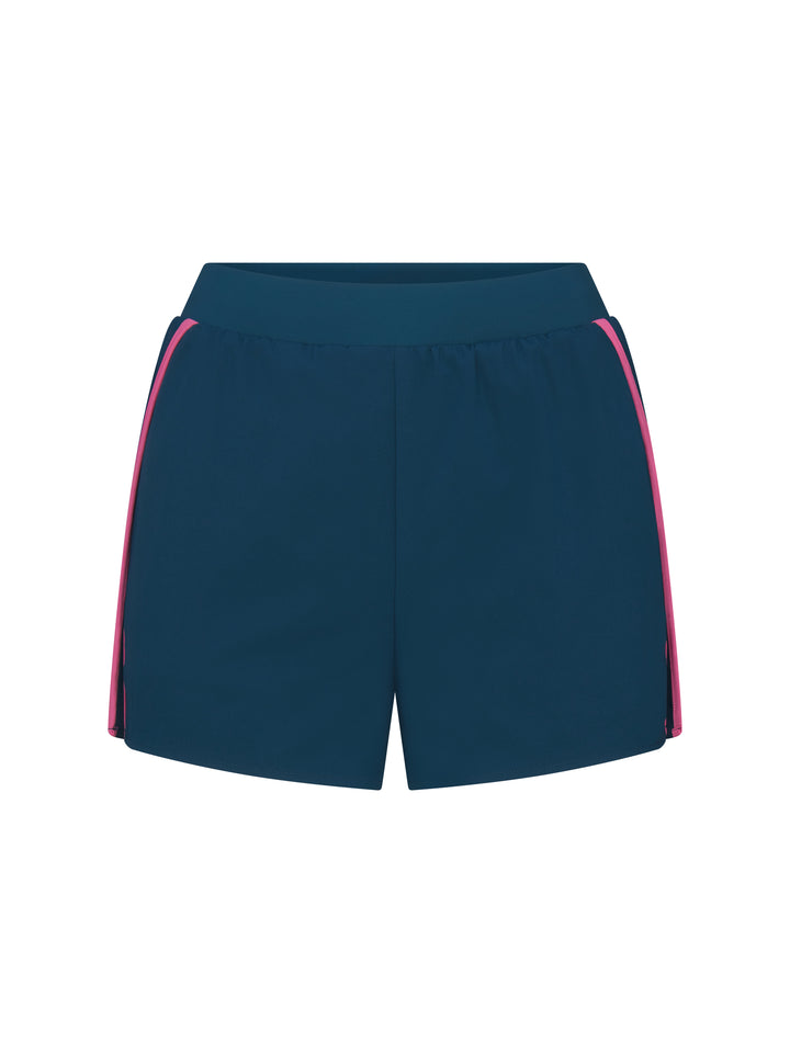 Front view of PB5star women's astral blue athletic shorts with pink side piping and elastic waistband