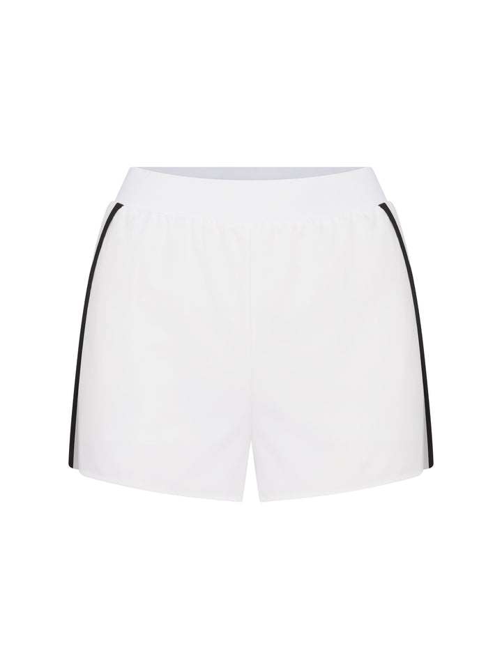 Front view of PB5star women's white athletic shorts with black side piping and side-split hem