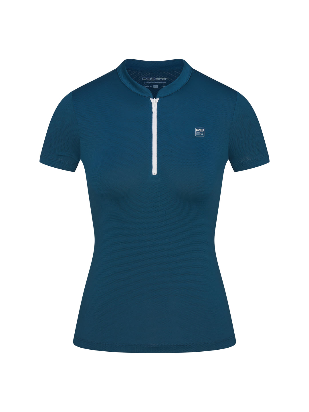 Front view of PB5star women's astral blue zip tee with short sleeves and athletic fit