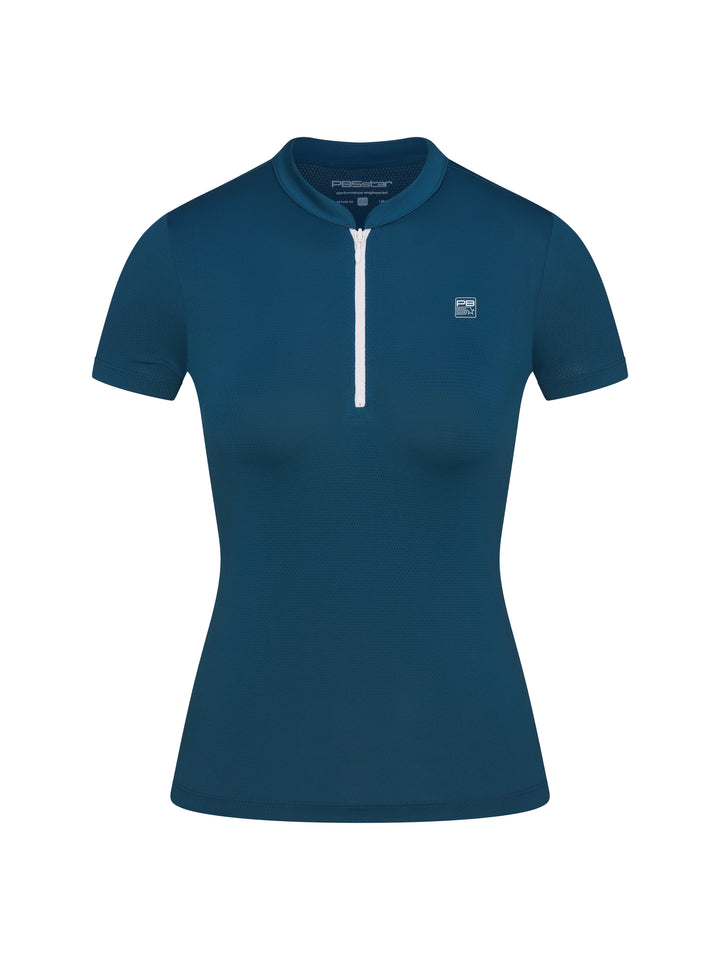Front view of PB5star women's astral blue zip tee with short sleeves and athletic fit