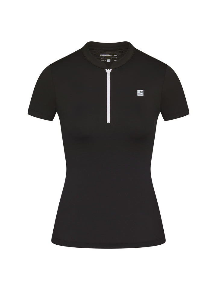 Front view of PB5star women's black zip tee with short sleeves and athletic fit