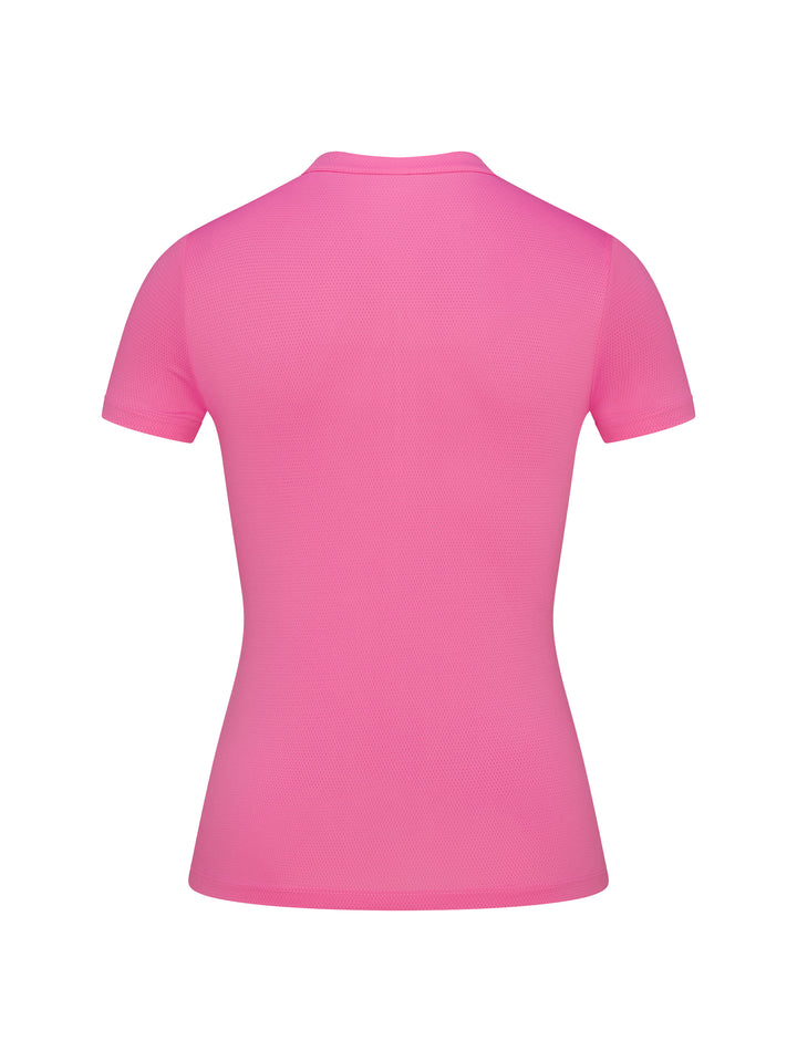 Back view of PB5star women's pink zip tee with short sleeves and athletic fit