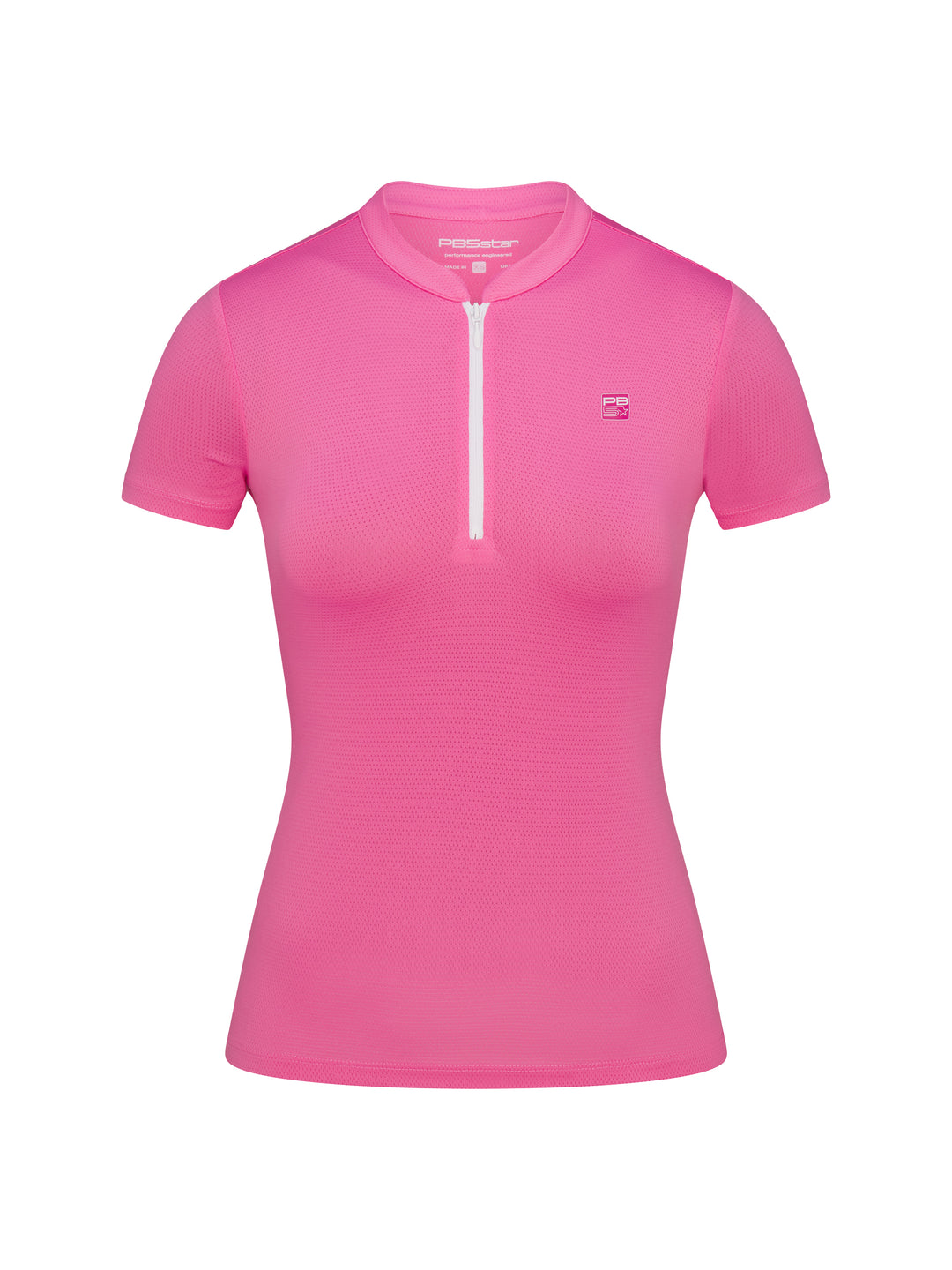 Front view of PB5star women's pink zip tee with short sleeves and athletic fit