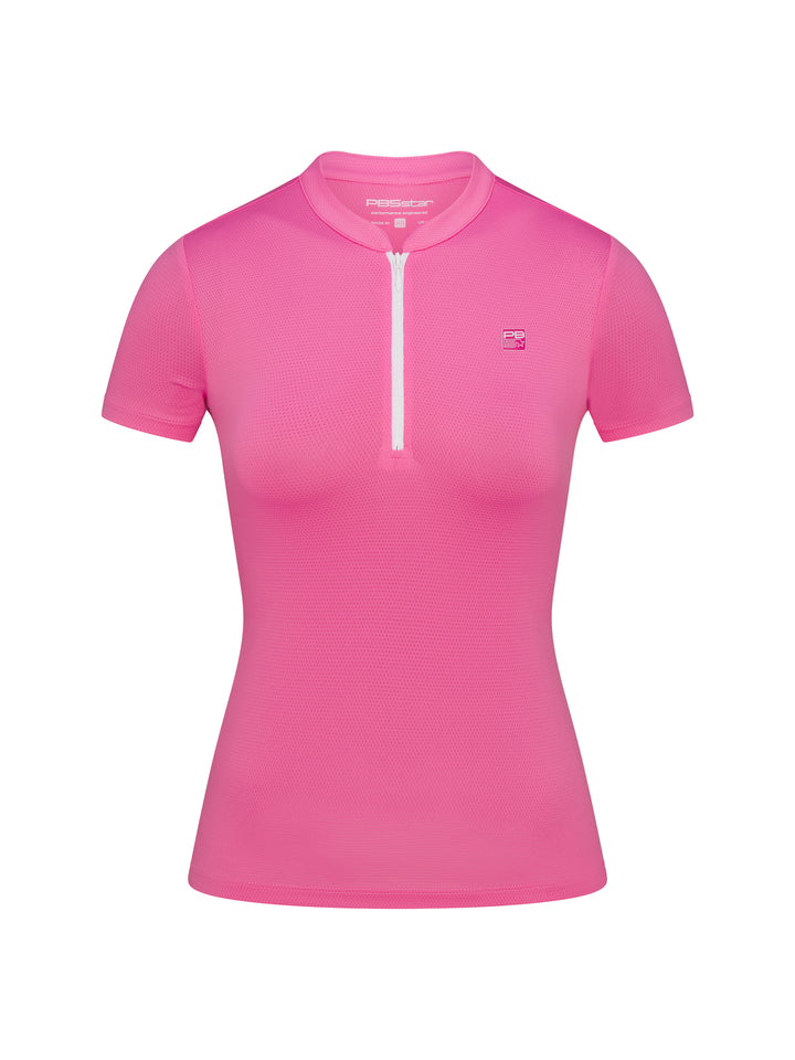 Front view of PB5star women's pink zip tee with short sleeves and athletic fit