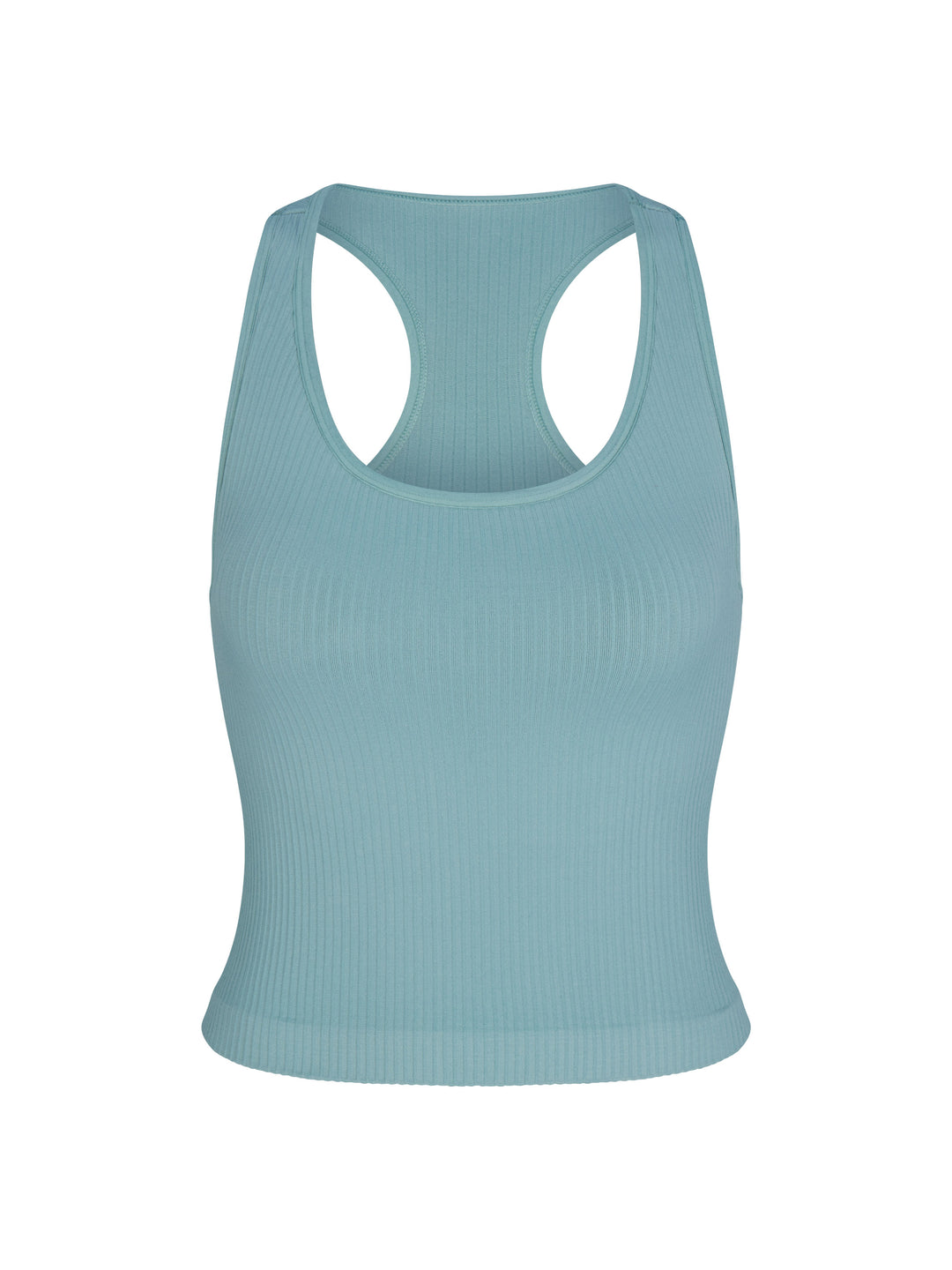 Front view of arctic Ribbed Racer Back Tank made from supportive 4-way stretch fabric for ultimate comfort and flexibility, perfect for active and casual wear.