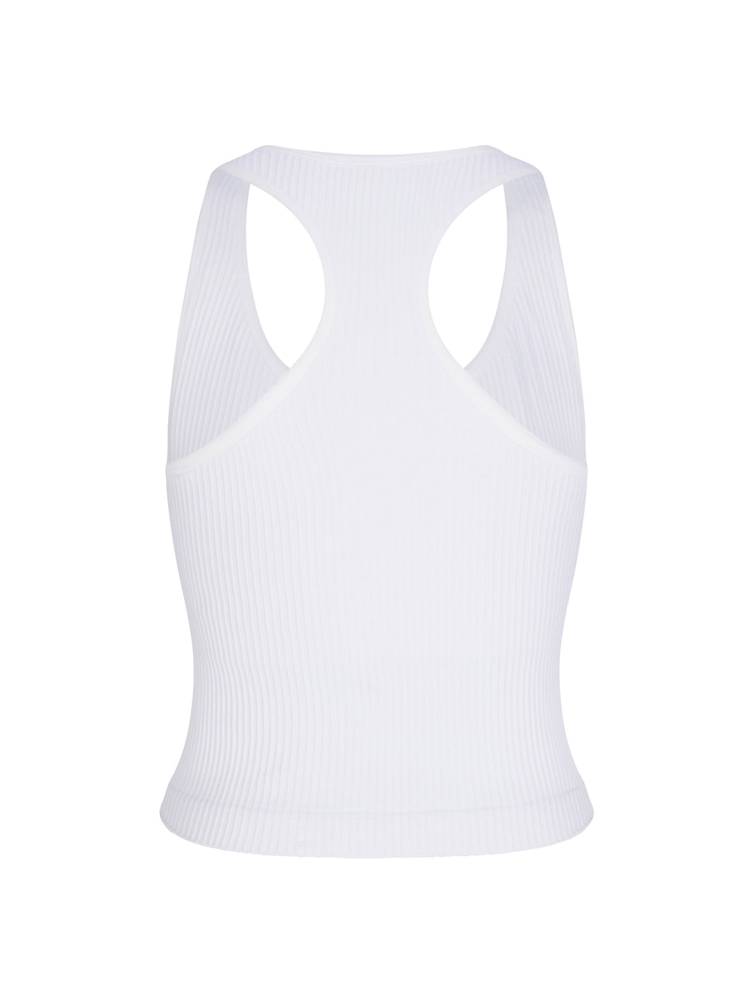 Back view of white Ribbed Racer Back Tank made from supportive 4-way stretch fabric for ultimate comfort and flexibility, perfect for active and casual wear.