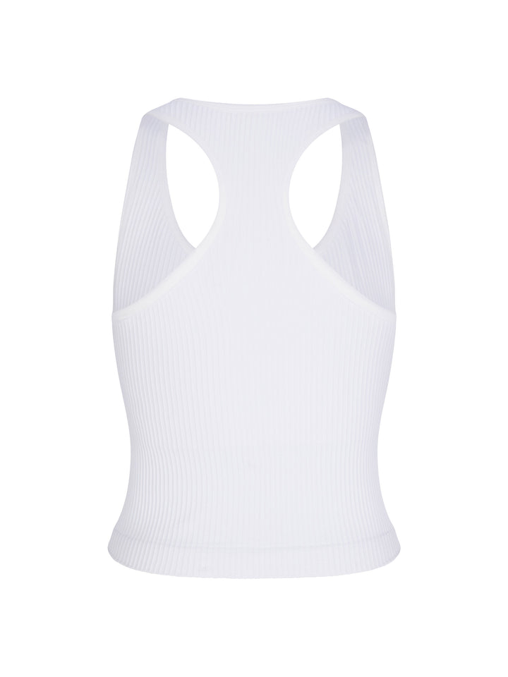 Back view of white Ribbed Racer Back Tank made from supportive 4-way stretch fabric for ultimate comfort and flexibility, perfect for active and casual wear.