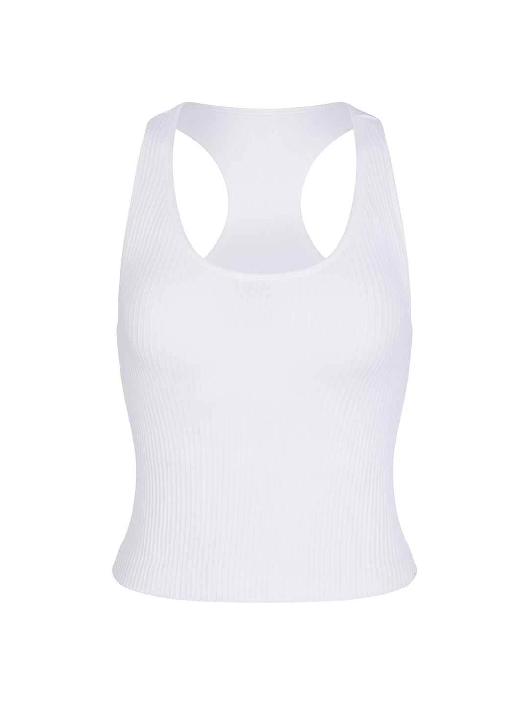 Front view of white Ribbed Racer Back Tank made from supportive 4-way stretch fabric for ultimate comfort and flexibility, perfect for active and casual wear.