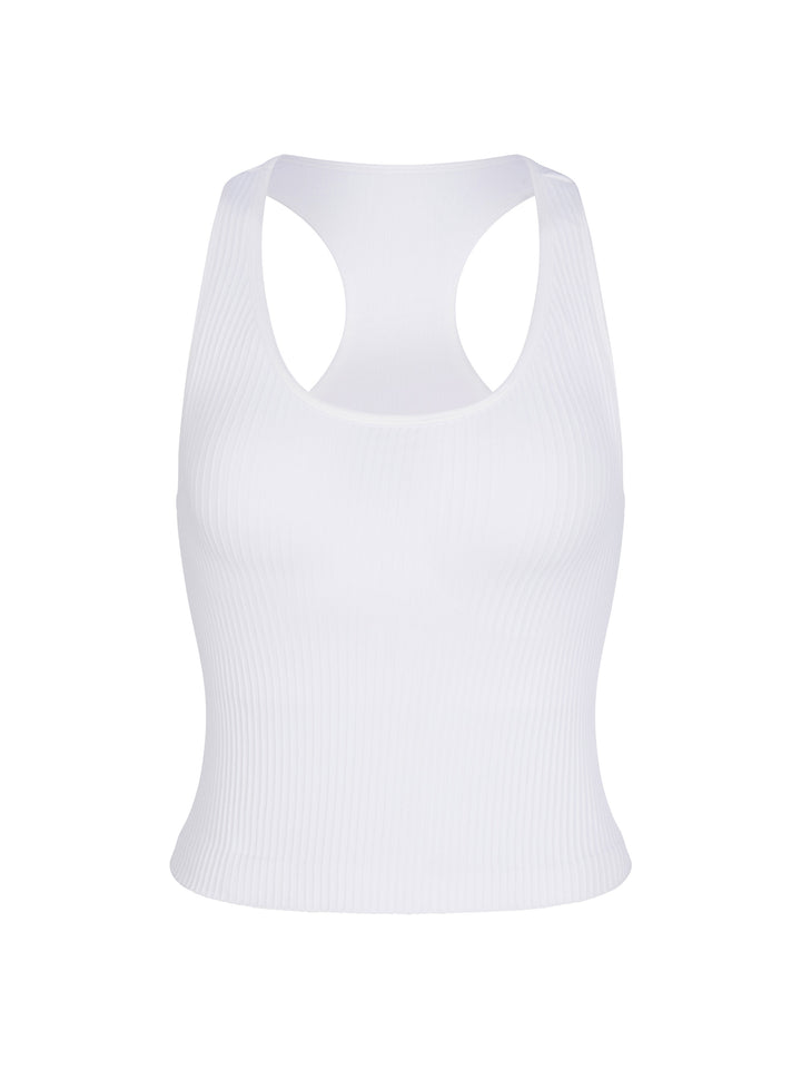 Front view of white Ribbed Racer Back Tank made from supportive 4-way stretch fabric for ultimate comfort and flexibility, perfect for active and casual wear.
