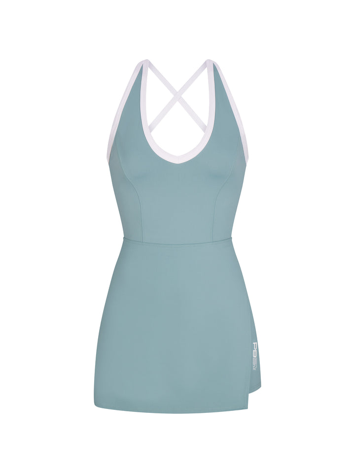 Arctic side-split court dress made of PB5FormSoft fabric with white trim and crisscross back straps, designed for comfort and mobility on the court.